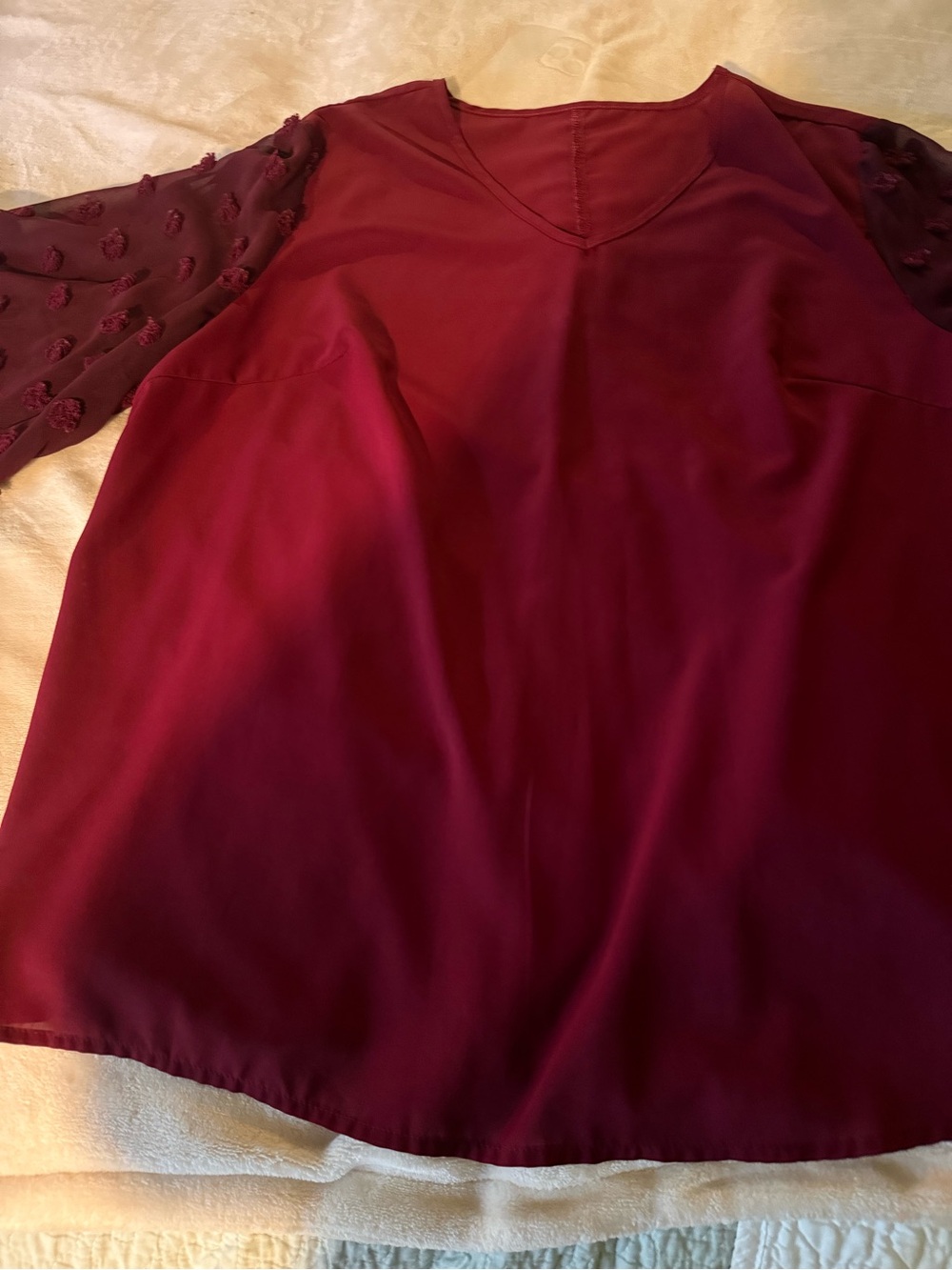 SHEIN Burgundy V-Neck Blouse with Sheer Floral Sleeves